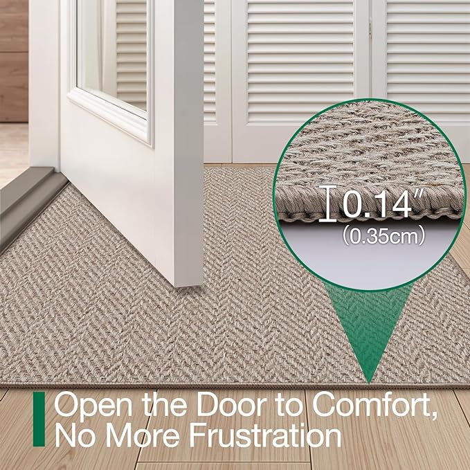 LUMI Ultra Thin Indoor Door Mat for Entrance 17"x30", Non Slip Entryway Mat, Low Profile Doormat, Unique Herringbone Design Carpet for Inside, Patio, Porch, Dark Beige