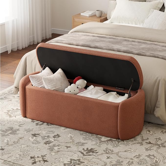 VKNOW 51" Storage Ottoman Bench, Upholstered End of Bed Bench with Smooth Hinges, Oval Large Ottoman Bench for Bedroom, Living Room and Hallway Entryway, Rust Red