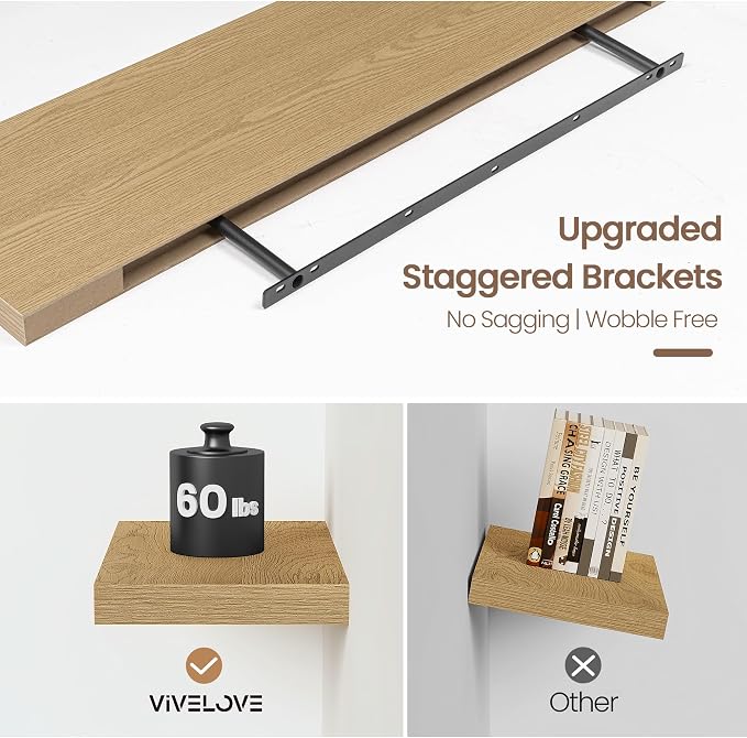 Vivelove 55 Inch Floating Shelves for Wall, 55x9 Display Shelves for Bathroom Living Room Kitchen Bedroom Office Farmhouse Home Decor - Set of 2, Oak