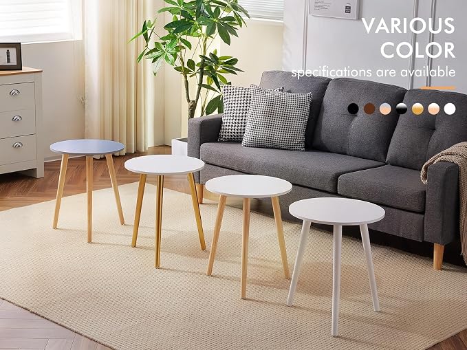 Apicizon Round Side Table, White Bedside Table Coffee End Table for Bedroom, Living Room, Small Spaces, Easy Assembly Nightstands with Natural Wood Legs, 16.5 x 20.5 Inches