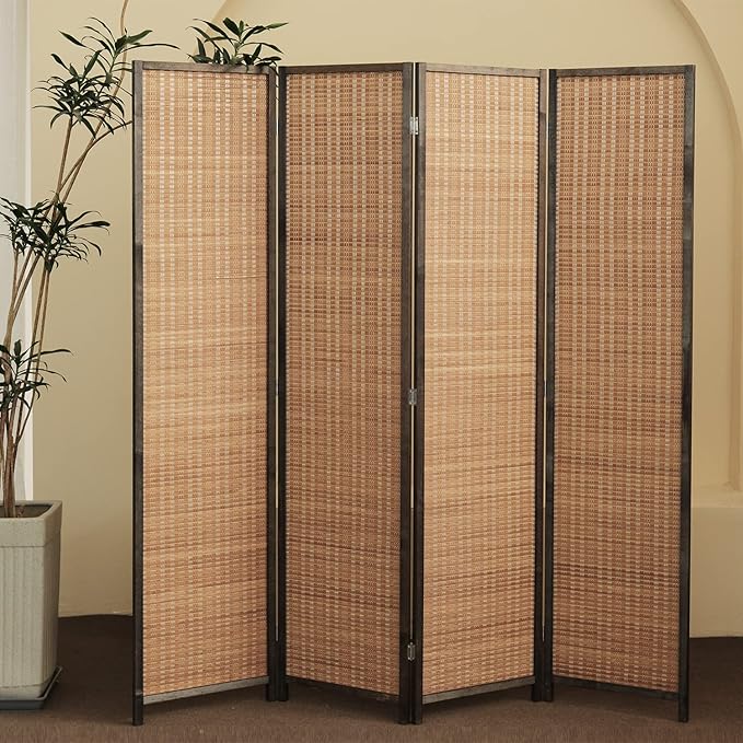 Furnnylane 4 Panel Bamboo Room Divider - 5.6 ft Tall Folding Privacy Screen for Room Separation, Natural Brown Freestanding Partition Wall for Home Office (67" H x 61.4" W)