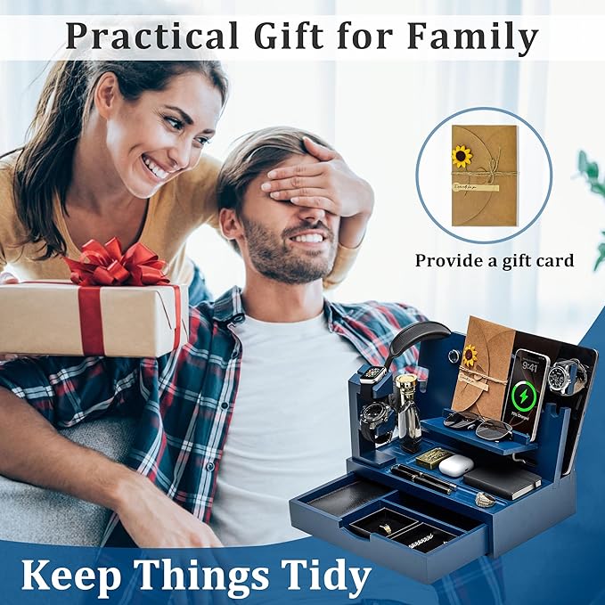 Nightstand Organizer for Men with Large Drawer, Wood Phone Docking Station for Phone, Apple Watch, Wallet & Keys, Ideal Birthday Gift for Father Husband, Bedside Desk Organizer (Blue)