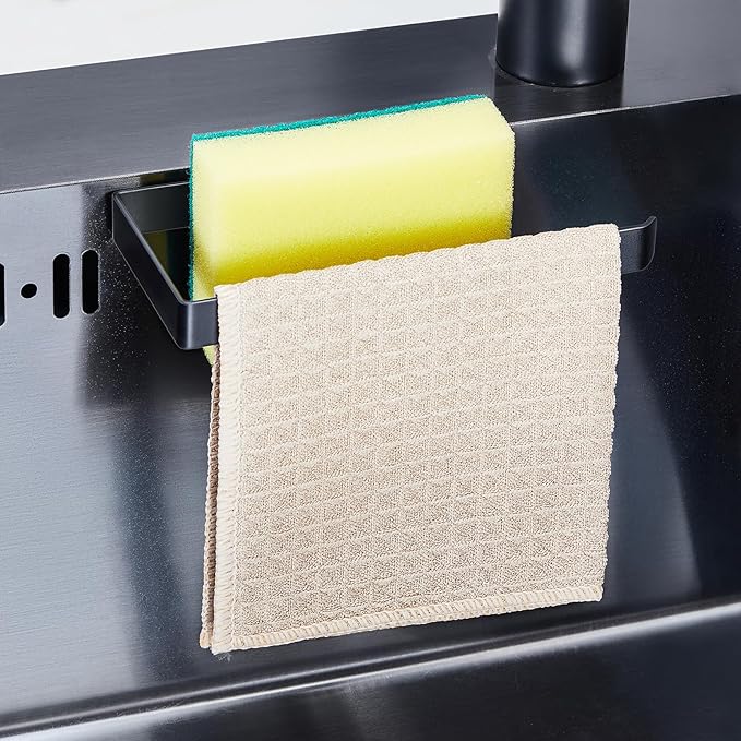 Sponge Holder for Kitchen Sink, Adhesive Dishcloth Holder, Dish Sponge Kitchen Sink Caddy 2 In 1, Metal Dishcloth Racks Sink for Dishcloths, Sponges, Brushes and Glove (Black)