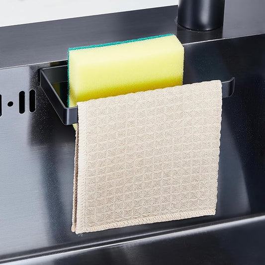 Sponge Holder for Kitchen Sink, Adhesive Dishcloth Holder, Dish Sponge Kitchen Sink Caddy 2 In 1, Metal Dishcloth Racks Sink for Dishcloths, Sponges, Brushes and Glove (Black)