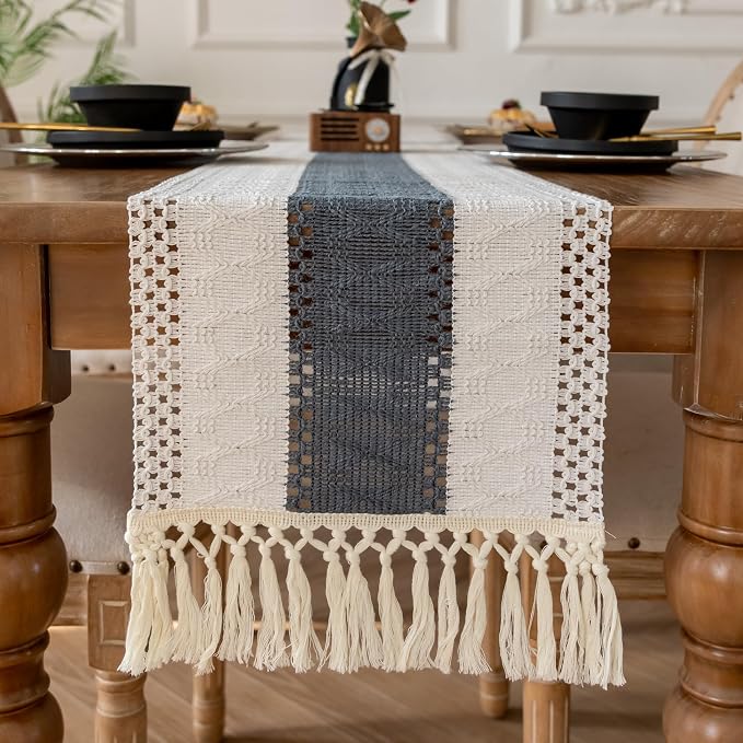 EMMTEEY Boho Table Runner with Tassels- Scratch & Heat Resistant, 36 Inches Long Table Runner Cotton Linen Macrame Handmade for Dining Table/Wedding Décor (12"X36", Stone Blue)