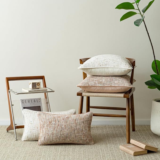 a moment Light Pink Reversible Pillow Covers 2 Pack - Farmhouse Chenille Velvet Throw Pillows, Neutral Textured Decorative Throw Pillow Covers with Border for Couch Sofa Bed (18x18 Inch, No Insert)
