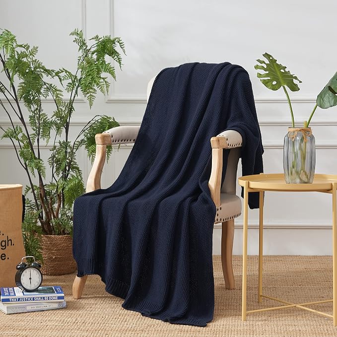 Longhui bedding Dark Navy Blue Cotton Cable Knit Throw Blanket for Couch Sofa Bed, Lightweight Home Decorative Throws, Bonus Laundering Bag, 60 x 80 Machine Washable