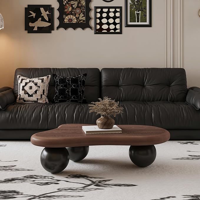 40" Cloud Coffee Table for Living Room Irregular Coffee Table Modern Low Coffee Tables Cute Small Center Table with 3 Ball Legs for Small Space Apartment Walnut & Black