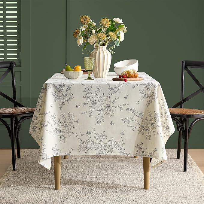 Linen Floral Rectangle Tablecloth Farmhouse Vintage French Rustic Tablecloths Gray Flowers Pattern Burlap Textured Outdoor Table Cover for Picnic,Dining,Party,Home Decor 55x120 Inch