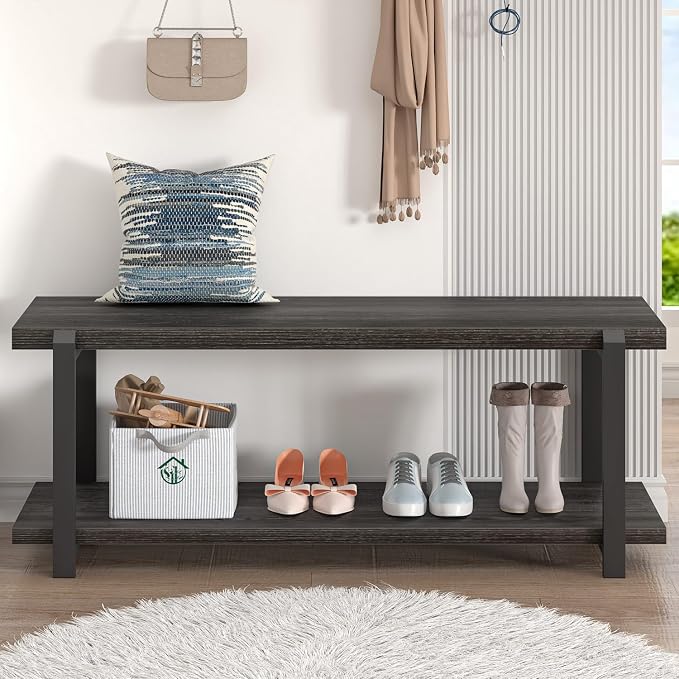 FOLUBAN 47 Inch Shoe Storage Bench, Rustic Wood and Metal Entryway Bench for Hallway Front Door Entrance, Vintage Indoor Shoe Rack Bench Seat for Bedroom Living Room, Dark Gray