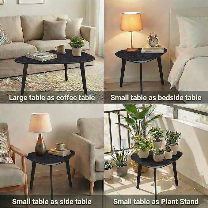 Nesting Coffee Table Set of 2-Mid Century Modern Guitar Pick Stacking Tables with Solid Wood Legs-Waterproof Triangle Center Side End Table for Small Living Room,Apartment,Balcony (Black)