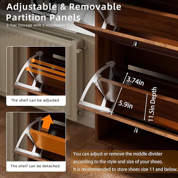 Fsbecl Shoe Storage Cabinet for Entryway with 3 Flip Drawers, Narrow Shoe Organizer with Fluted Panel, Freestanding Wood Hidden Shoe Cabinet for Hallway (Walnut, 23.6''W, Double Layer)