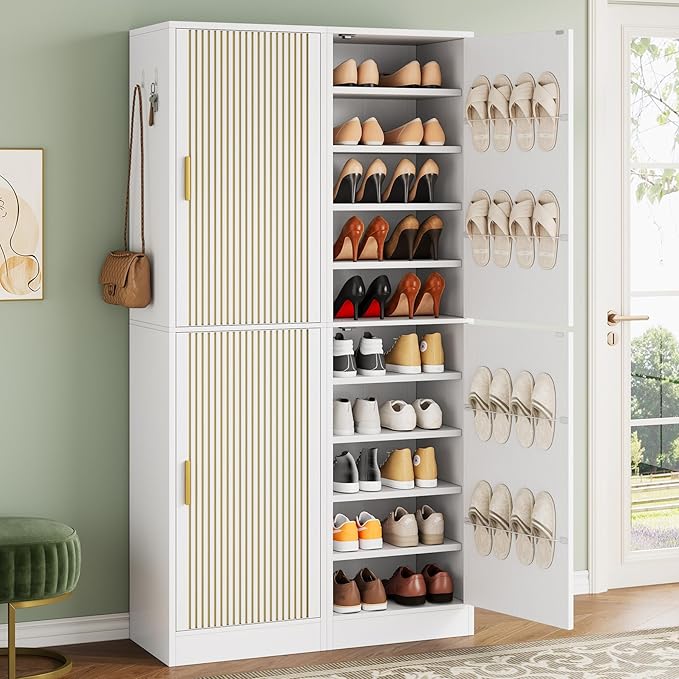 Shoe Cabinet with Slipper Rack Set of 2, 10-Tier Narrow Tall Shoe Storage Cabinet with Adjustable Shelves Modern Shoe Organizer Cabinet for Entryway, White