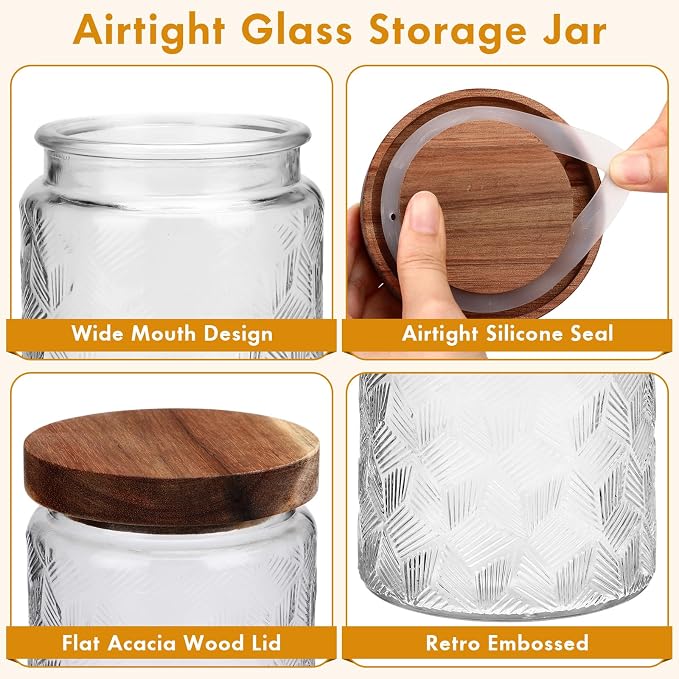 Suclain 6 Pack 23.7 oz Vintage Glass Jar with Wooden Lids Airtight Storage Food Container Jar for Kitchen Bathroom Pantry Decorative Vintage Canister for Coffee Beans, Brown Sugar(Sector)