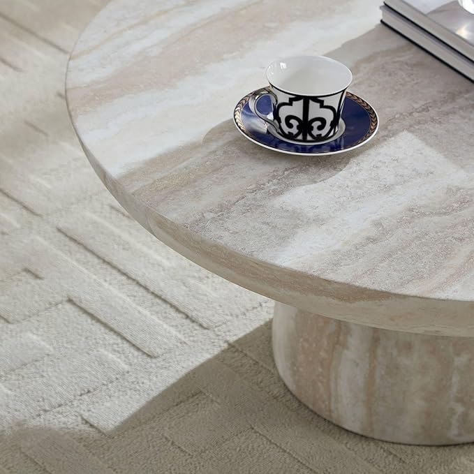 31.5" Round Coffee Table with Round Pedestal, Fiberglass Faux Marble Tabletop for Living Room, Modern Circle Center Table Tea Table for Apartment, Office, Beige Mars Pattern