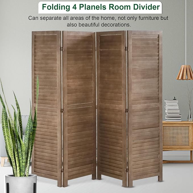 PayLessHere Room Divider 4 Panel Wood Privacy Screen 5.75 Ft Indoor Folding Portable Partition Screen for Bedroom Office Restaurant,Brown
