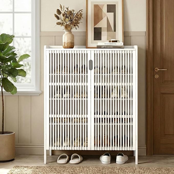 Shoe Cabinet with Doors Bamboo 5 Tiers Shoe Storage Cabinet for Entryway, 25 Pairs Wooden Shoe Cabinets, Modern Shoe Organizer Storage for Living Room, Bedroom, Hallway, Closet (White)