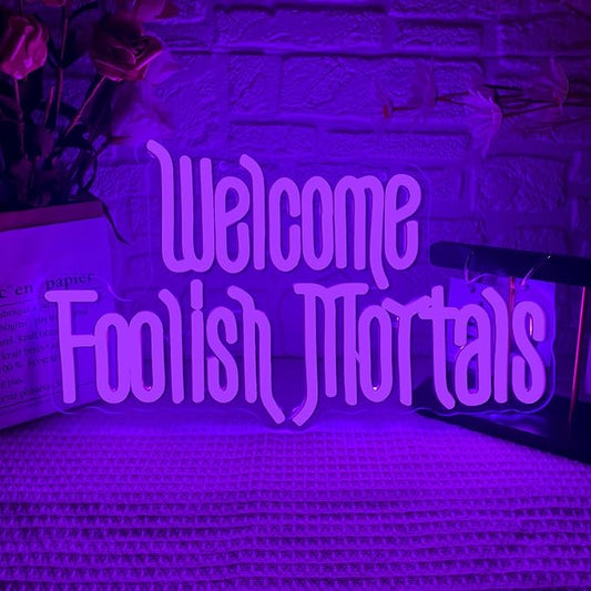 Welcome Foolish Mortals Neon Sign,Dimmable Spooky Gothic Purple Haunted Mansion Coffin LED Neon Signs for Wall Decor,USB Powered Led Neon Light for Haunted House Man Cave Halloween Party Birthday Gifts