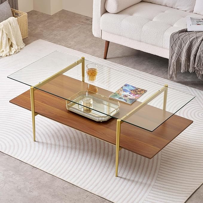 LumFurn X-Large Rectangle Glass Coffee Table, Mid-Century Modern Design for Living Room, L47xW24xH17 inch, 2-Tier Structure, Clear Glass Top and Walnut MDF Shelf, Conical Metal Legs with Gold Finish