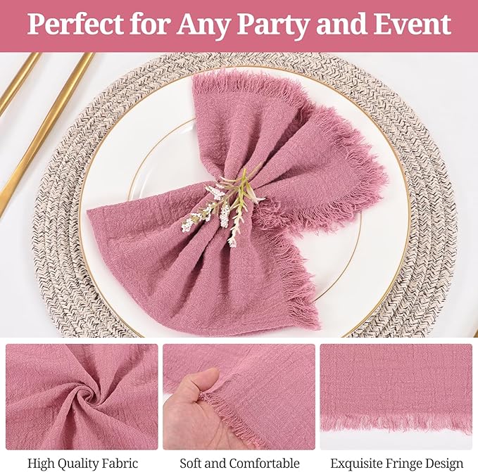 36 Pack Dusty Rose Handmade Cloth Napkins 16 x 16 Inch Cotton Linen Napkins with Fringe, Washable and Reusable Napkins, Soft Rustic Boho Fringe Cloth Napkins for Dinners,Parties, Wedding