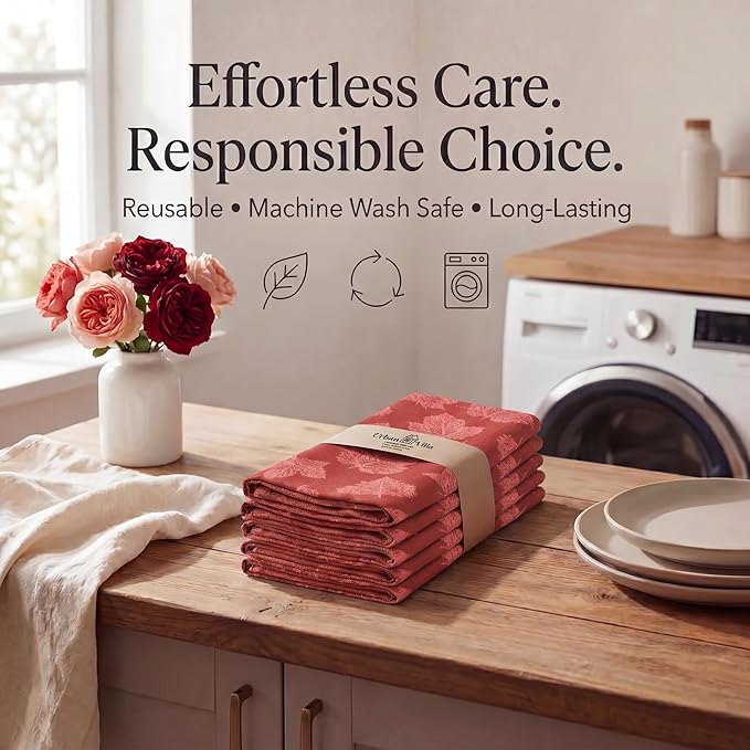 Urban Villa Cloth Napkins 100% Cotton Highly Absorbent Washable Durable Reusable Premium Dinner Napkins Ideal for Gifts for Mothers Day Hotel Farmhouse Parties - Fall Leaves (20" x 20", Set of 12)