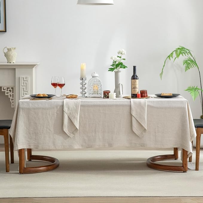 EVERLY Pure Linen Hemstitch Tablecloth,100% Stonewashed French Linen tablecloths for Kitchen Dining Rectangle Tables,60x108Inch Machine Washable Christmas Thanksgiving Organic Tablecloth-Natural Linen