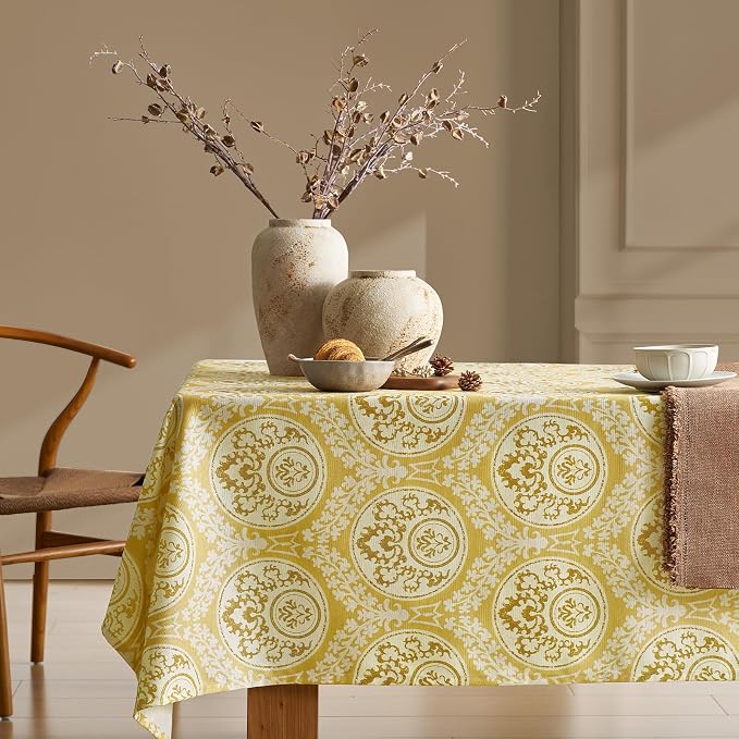 Rustic Yellow Floral Rectangle Tablecloth: Linen Printed Farmhouse Table Cloth - Damask Patterned on Burlap Textured Fabric Outdoor Table Cover for Kitchen,Dining,Party,Picnic Decor, 55x120 Inch