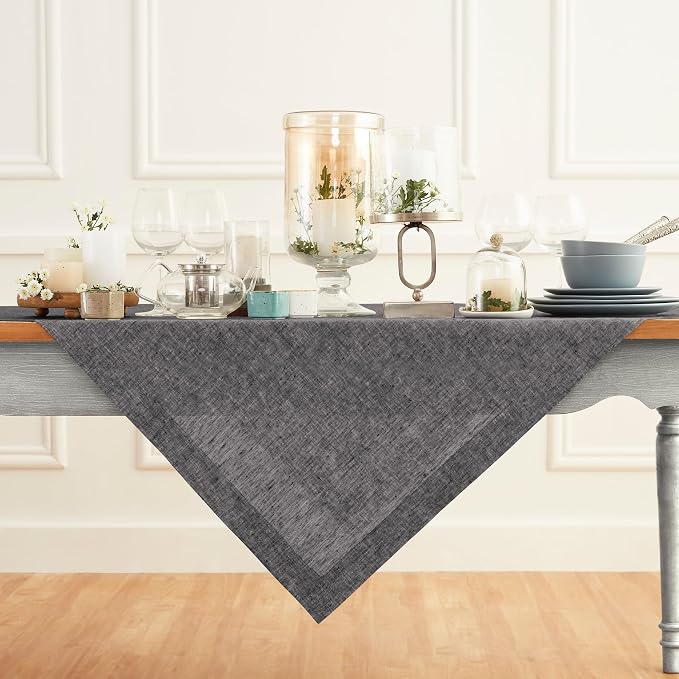 Solino Home Linen Cloth Tablecloth 52 x 52 Inch - 100% Pure Linen Chambray Black Square Tablecloth - Athena, Machine Washable Table Throw