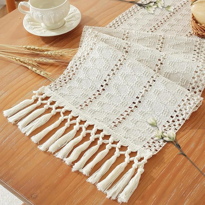 Macrame Table Runner Cream Beige Boho Table Runners with Tassels 72 Inches Long, Rustic Farmhouse Table Runners for Living Room Bridal Shower(12x72in, Fringe Included )