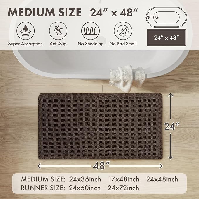 MIULEE Waffle Bathroom Runner Rugs, Super Absorbent Non Slip Bath Rug, Upgraded Soft Quick Dry Washable Boho Long Bath Mat with Tassels for Hallway Laundry Room Bedroom, 2'x4' (24"x48"), Chocolate