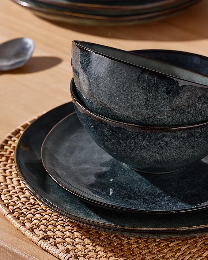 Famiware Dinnerware Sets for 8, Ocean Round 24-Piece Kitchen Plates and Bowls Sets, Microwave and Dishwasher Safe, Scratch Resistant, Deep Forest