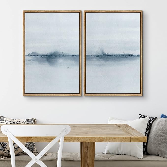 SIGNWIN Framed Canvas Print Wall Art Set Pastel Blue Minimal Landscape Abstract Shapes Illustration Modern Art Decorative Nordic Chic Relax/Zen for Living Room, Bedroom, Office - 24"x36"x2 Natural