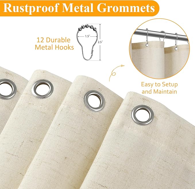 Naturoom Warm Beige Linen Shower Curtain, Country Boho Farmhouse Bath Decor Shower Curtains Neutral Cloth Weighted Textured Fabric Bath Curtain Liner with Hooks, 72x72