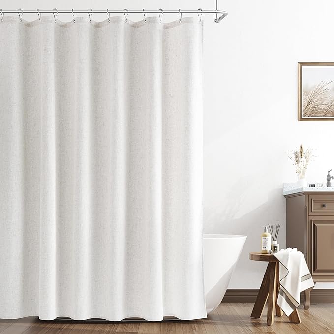Naturoom Beige White Extra Long Linen Shower Curtain, Country Boho Farmhouse Bath Decor Shower Curtains Neutral Cloth Weighted Textured Fabric Bath Curtain Liner with Hooks, 72x90