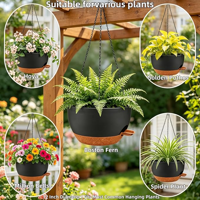 12" Self Watering Hanging Planters with Chains, Black Brown，2 Pack | 43 Oz removable self-watering reservoir, for indoor/outdoor plants, patio & garden