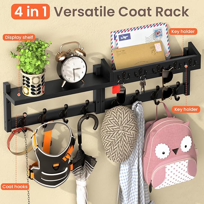 35'' Black Coat Rack Wall Mount with Shelf, Solid Wood Coat and Key Hanger with 13 Metal Hooks, Farmhouse Wall Organizer for Mail, Entryway Wall Hangers for Hats, Clothes, Backpacks
