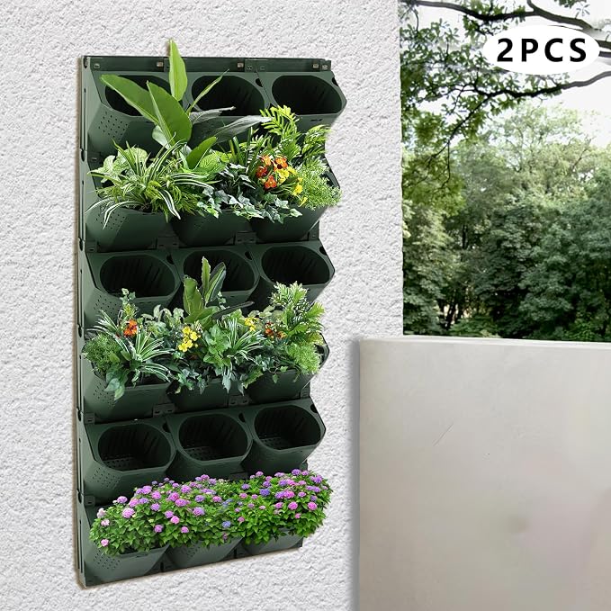 Vertical Wall Planter with 36 Pots, Hanging Garden Plant Flowerpot Holder, Stackable Wall-Mounted Planter, Balcony Planters for Flowers Vegetables Fruits (Army Green, 36 Pots)