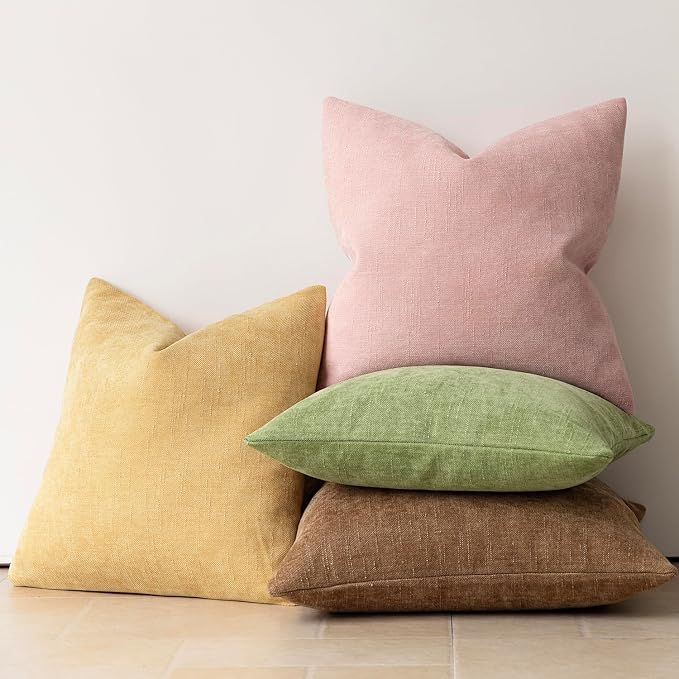 Foindtower Pack of 2 Soft Textured Chenille Throw Decorative Pillow Covers Square Accent Solid Cushion Cover Cozy Neutral Farmhouse Pillow Case for Couch Sofa Bedroom Living Room 24x24 Inch,Light Pink