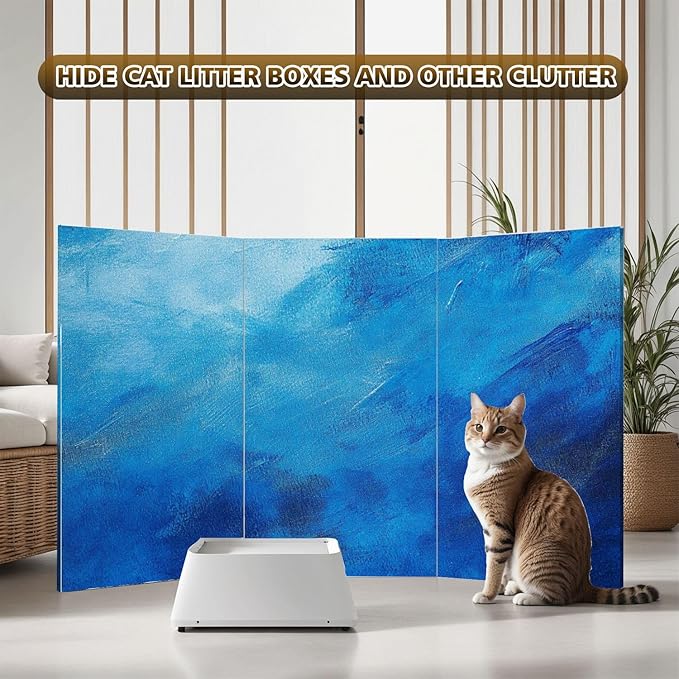 2 Ft Room Divider Screen Textured Blue Portable Short Canvas Folding Screen 3 Panel Freestanding Separator Privacy Partition Indoor Home Office