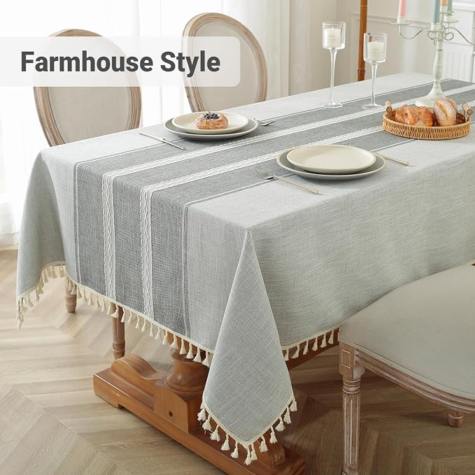 Laolitou Cotton Linen Waterproof Tablecloth for Dining Table Rustic Farmhouse Kitchen Rectangle Table Cloth Coffee Tables Cover, Grey Lines, 55x70 Inch