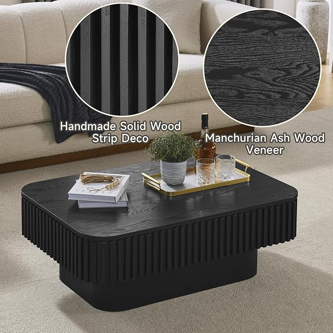 Lift Top Coffee Table for Living Room,Rectangle Handmade Solid Wood Strips, Fluted Coffee Table with Hidden Storage Compartment for Small Space Office Apartment (38.6"L×26.8''W×13.8''H-Black)