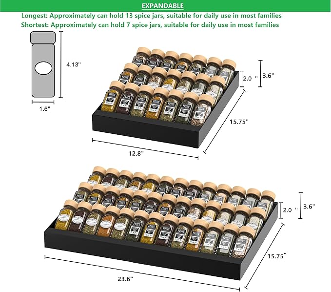Expandable Metal Spice Drawer Organizer,3-Tier Slanted Seasoning Jars Tray for Kitchen Cabinet Drawers Insert/Countertop (Jars not included)-3Tier,2packs/Black