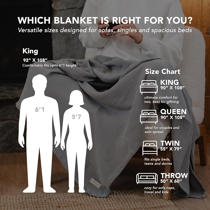 Goqan Throw Blanket 55x60 – 100% Turkish Cotton 4 Layer Boho Muslin Blanket for Adults, Four Season Blanket Lightweight and Thin, Soft, Breathable for Bed, Couch, Picnic - Light Grey