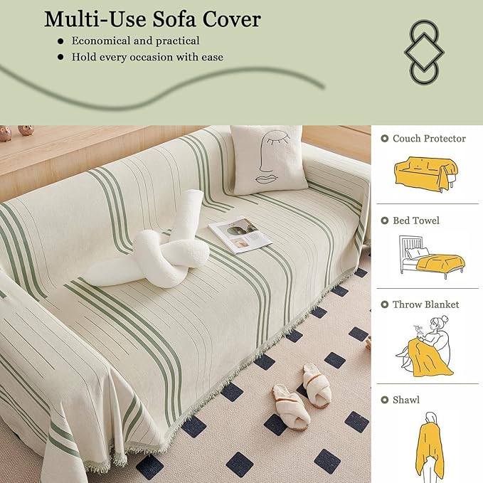 DREAMINGO Couch Cover Reversible Chenille Loveseat Sofa Covers for Dogs Pets Beige Green Couch Protector for 2 Cushion Couch Sofa Vertical Stripe Jacquard Sofa Slipcover Sectional, 71"x118"