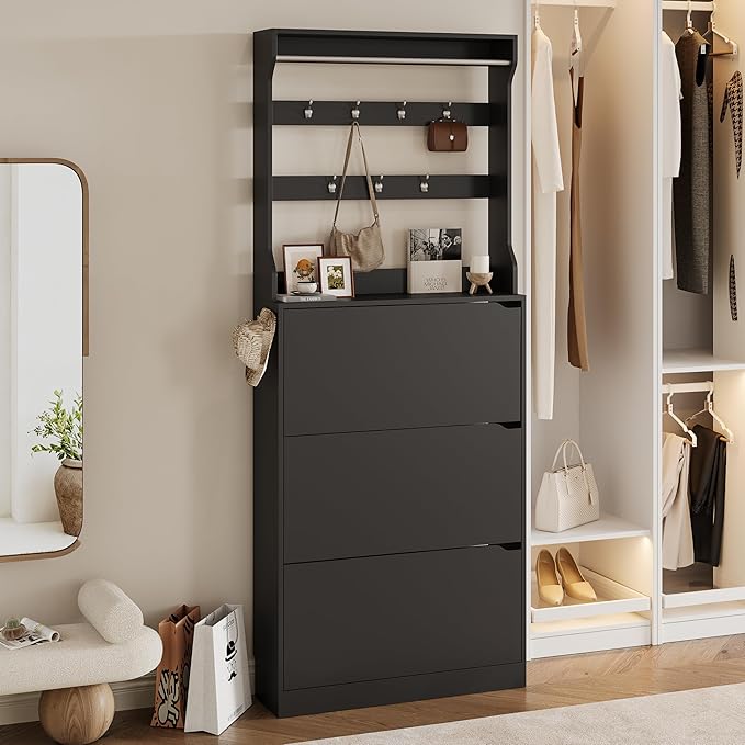 Wodeer Tall Shoe Cabinet with Coat Rack, Hidden Shoe Storage Cabinet with Doors & Drawer, Hanging Bar & Hooks, Slim Narrow Freestanding Shoe Rack Organizer for Entryway, Hallway & Living Room, Black
