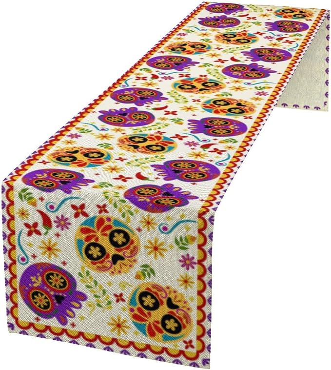 Mexican Fiesta Table Runner Decoration Skull Cinco De Mayo Dia De Los Muertos Runners Farmhouse Rustic Day of The Dead Decor Supplies for Kitchen Dining Home, 13x36 Inch White