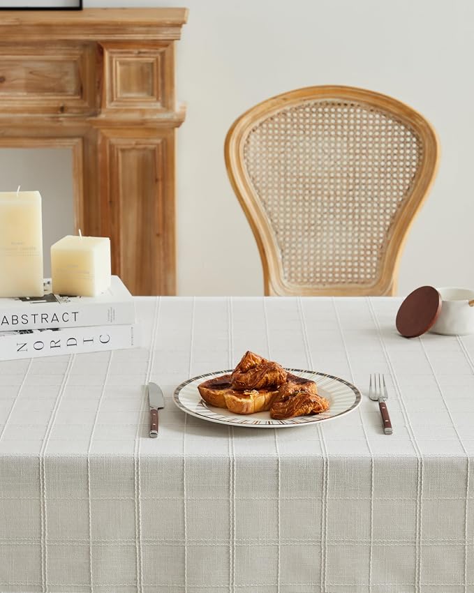 ZeeMart Linen Checked Table Cloth 60x60 Inches, Farmhouse Style Plaid Embroidered Off White Water Resistant Square Table Cover, Ivory