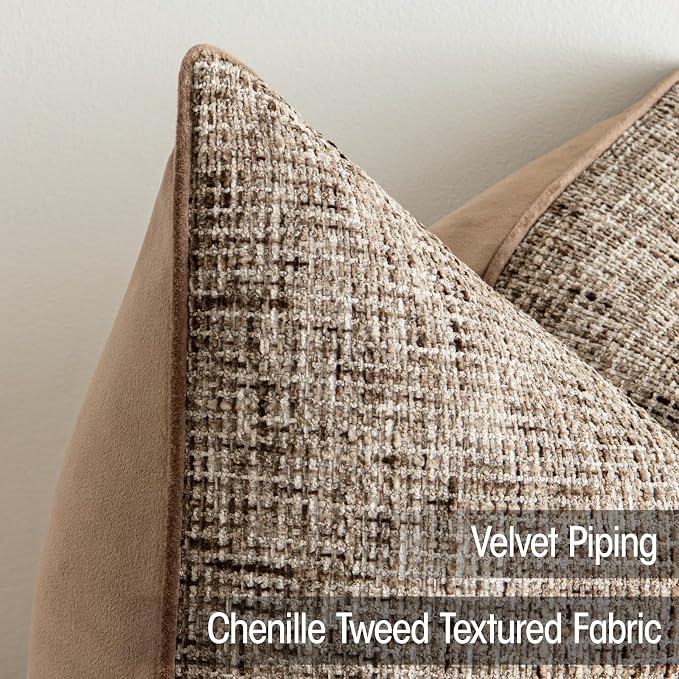 a moment Brown Reversible Pillow Covers 2 Pack - Farmhouse Chenille Velvet Throw Pillows, Neutral Textured Decorative Throw Pillow Covers with Border for Couch Sofa Bed (16x16 Inch, No Insert)