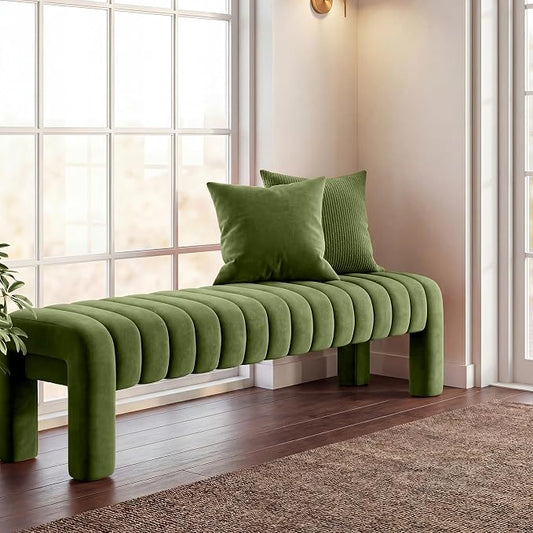 63” Dining Room Bench, Olive Green Tufted Upholstered End of Bed Bench, Modern Entryway Ottoman Window Seat with Solid Wood Legs and Padded Seat for Bedroom, Hallway and Living Room (Velvet)