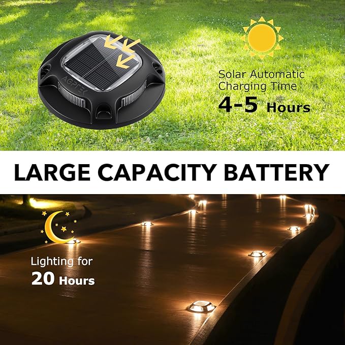 AGPTEK Solar Driveway Lights Outdoor 12 Pack, 2 Color Modes LED Deck Dock Marine Waterproof Driveway Marker Lights for Step Sidewalk Stair Garden Pathway Walkway Yard (Warm White/Cool White, Black)